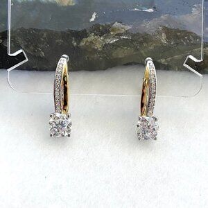 Sterling Silver 925 Round Cubic Zirconia Vermeil Two-tone Leverback Earrings